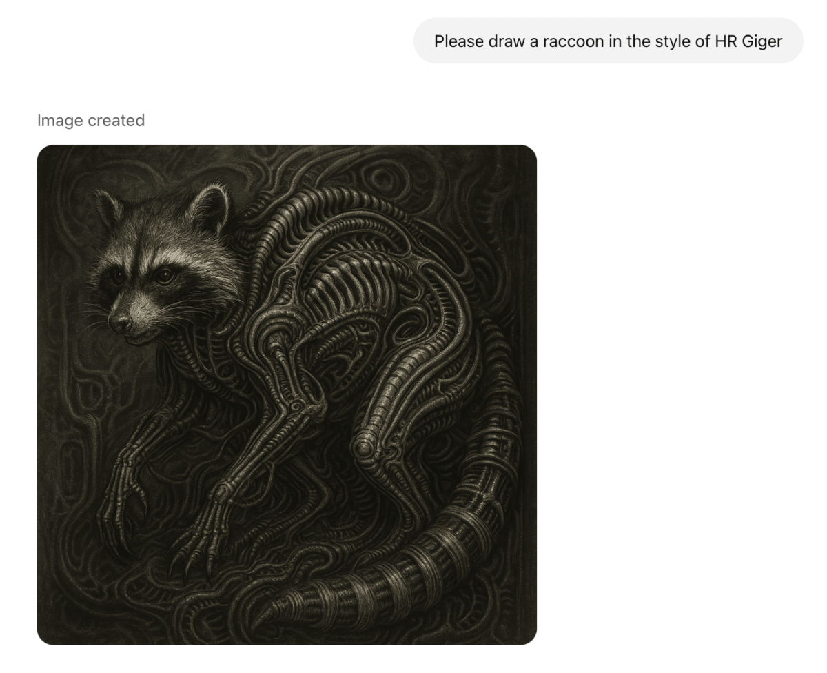 A ChatGPT conversation. The prompt reads, "Please draw a raccoon in the style of HR Giger." The response reads "Image created," and attached is an image of a raccoon rendered in dark grays with a ribbed exoskeleton-looking body.